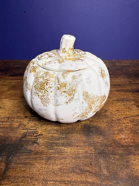 Handmade White And Gold Leaf Pumpkin Lidded Jar