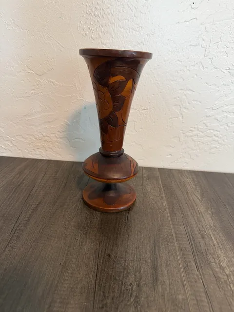 Hand Carved Wooden Floral Vase Decorative Pedestal Brown Wood