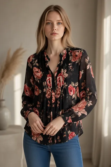 Joie Silk Floral Blouse Size XS Black Red Long Sleeve Pleated V-Neck