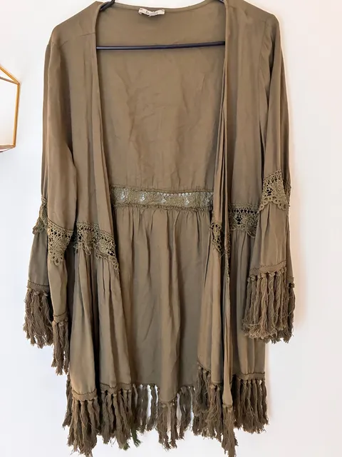 Jodifl Olive Taupe Boho Lace Fringe Open Front Kimono Cardigan L