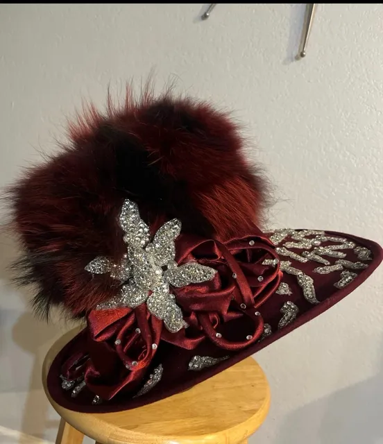 Ellie Hats Burgundy Felt Fur Rhinestone Wide Brim Designer Hat