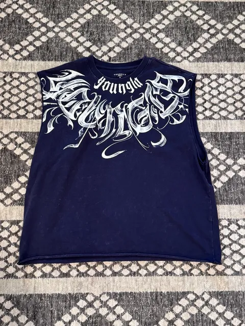 YoungLA 3057 Scripted Cut-Off Tank Purple Navy Wash