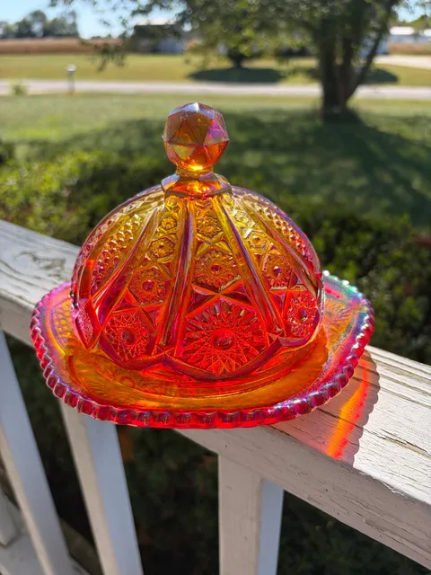 Vintage Imperial Glass sunset red Carnival Glass Butter Dish