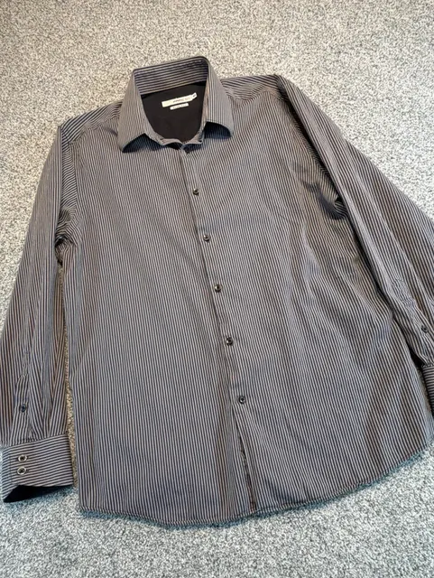 Parc 81 Mens Slim Fit Gray/Black/White Striped Button Down Long Sleeve Shirt L
