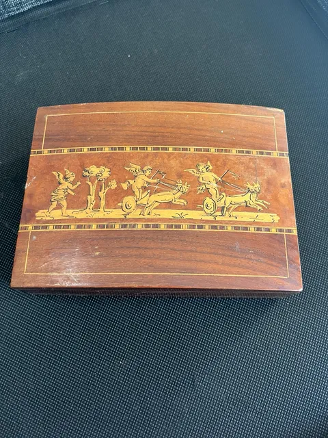 Vintage Italian Marquetry Inlaid Wooden Jewelry Box Cherub Chariot