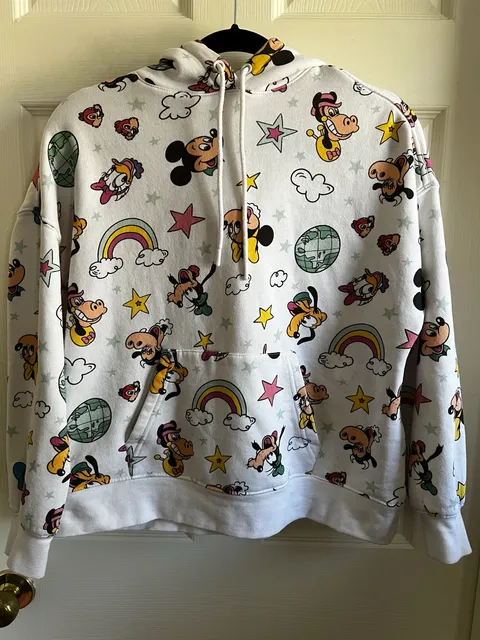 Disney Mickey & Friends Pullover Hoodie Size XS White Allover Print