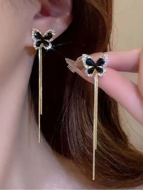 Black Enamel Butterfly Long Tassel Gold Accent Earrings