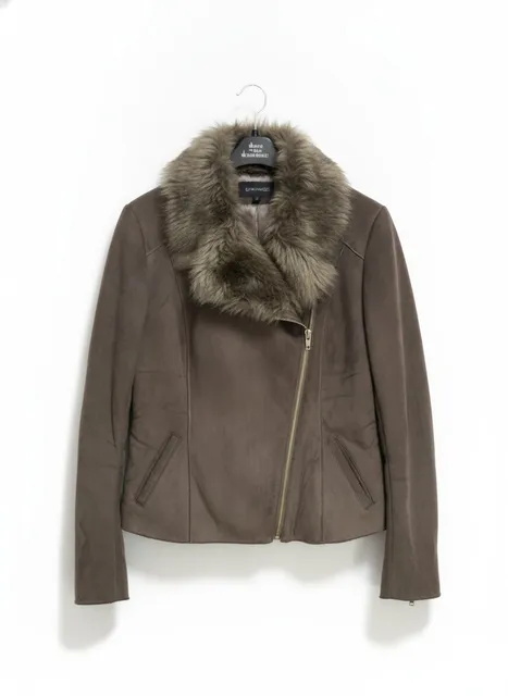 Dennis Basso Women's Faux Suede Fur Collar Jacket Size S Brown NWT