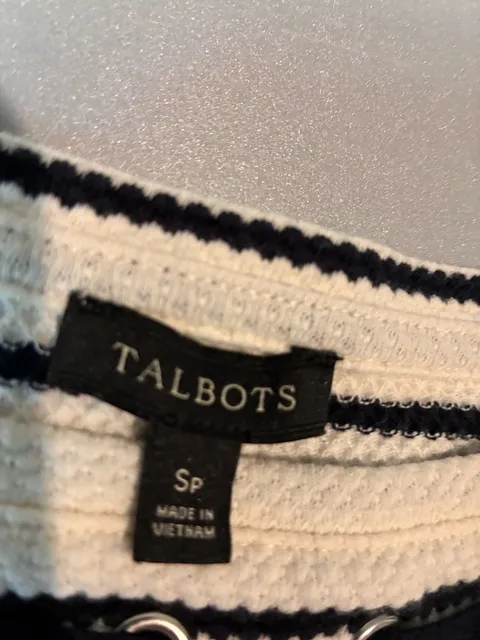 Talbots Striped Top Size SP White Blue Knit Short Sleeve