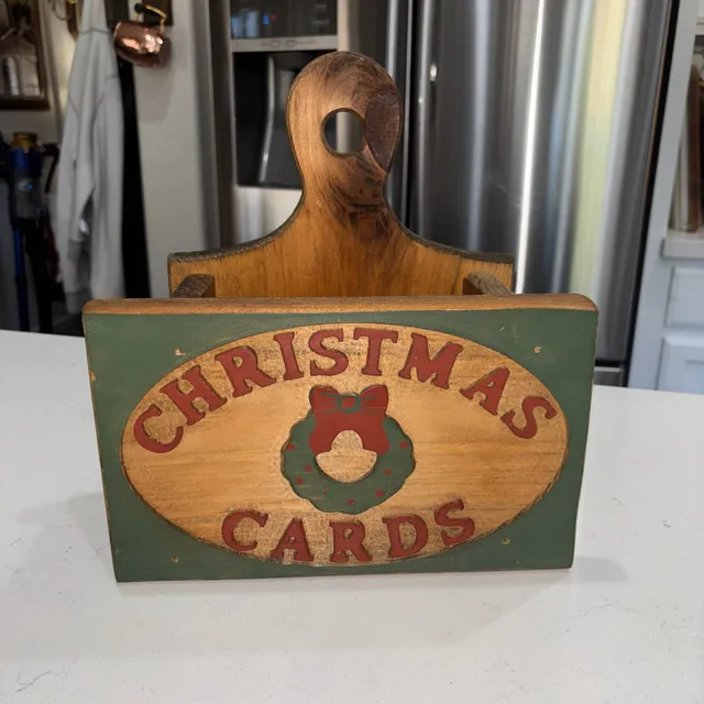 Vintage Handcrafted Wooden Christmas Cards Holder Box