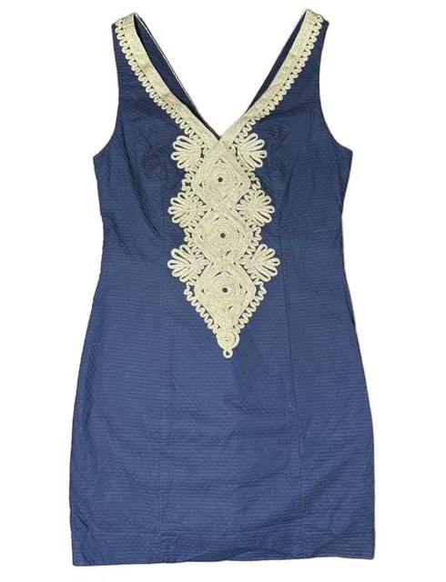 Lilly Pulitzer Dress Size 0 Navy Blue Gold Embroidered Sleeveless