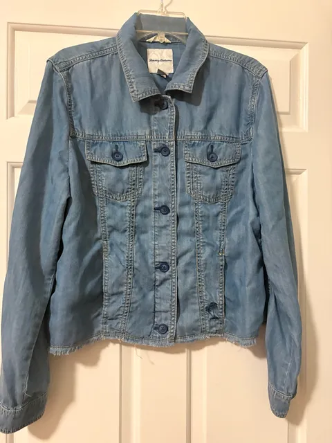 Tommy Bahama Denim Jacket Blue Chambray Frayed Hem