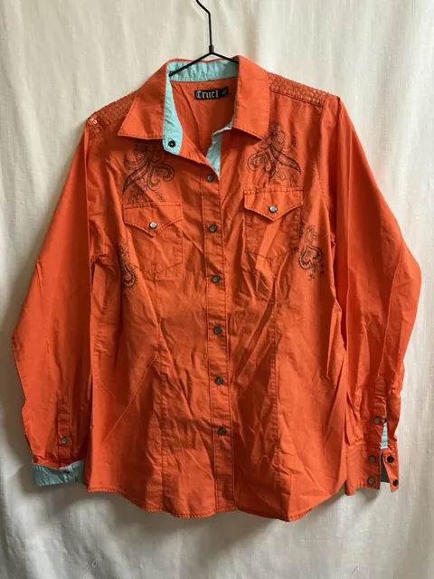Cruel sequin pearl snap Western Shirt Size L Orange Floral Print