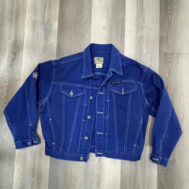Guess Denim Jacket Size M Royal Blue Contrast Stitching 90s