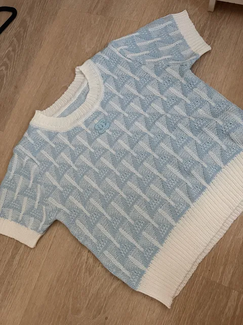 Inspired Knit Short Sleeve Sweater Blue White CC Logo