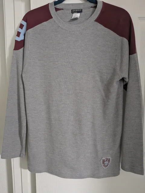 GUESS Long Sleeve Waffle Knit Shirt Grey Burgundy