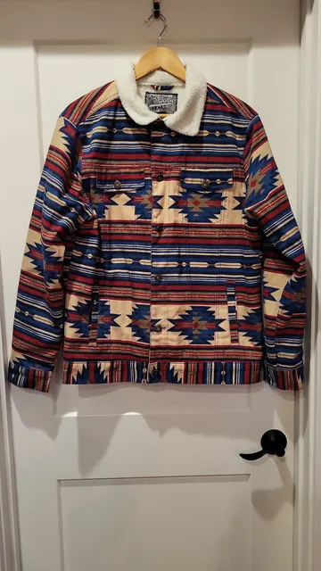 Brooklyn Cloth Men's Southwest Aztec Print Sherpa Lined Printed Denim Trucker Jacket, M