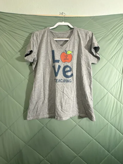 Life Is Good Crusher V-Neck T-Shirt Size L Gray Love Teaching Apple Tee