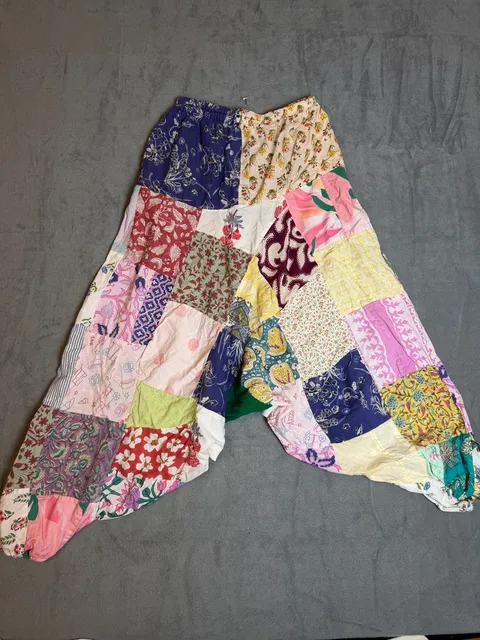 Boho Patchwork Drop Crotch Harem Pants Multicolor Cotton Elastic Waist