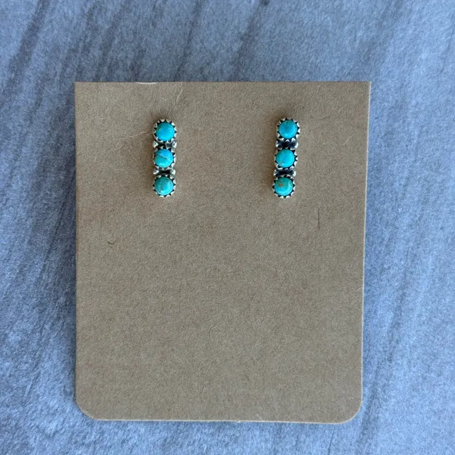 Sterling Silver Turquoise Three Stone Vertical Stud Earrings