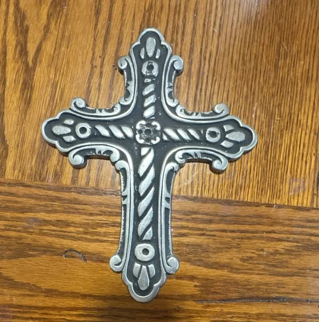 Vintage Metal Wall Hanging Cross Silver Tone Plaque Twisted Rope Design