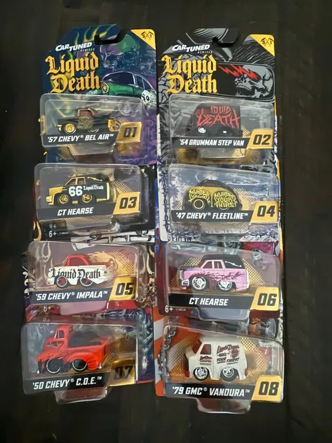 CarTuned Liquid Death Complete Series 1 die-cast cars. Brand new, unopened.