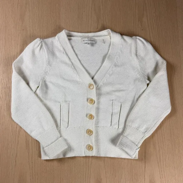 White + Warren Puff Shoulder Cardigan Size M Ivory White V-Neck