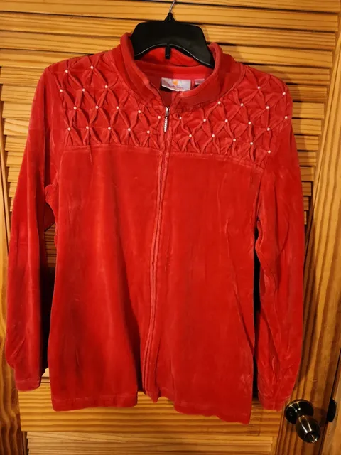 Quacker Factory Red Velour Pearl Embellished Smocked Zip Jacket M