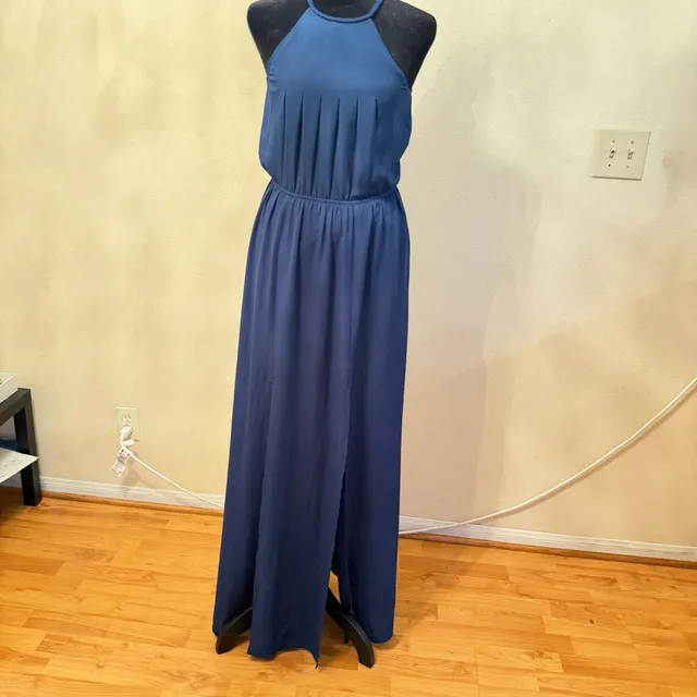 Doe & Rae Blue Halter Maxi Dress Pleated Open Back