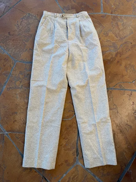 Vintage Espresso 80s Pleated Tweed Trousers Neutral Beige Wool Blend