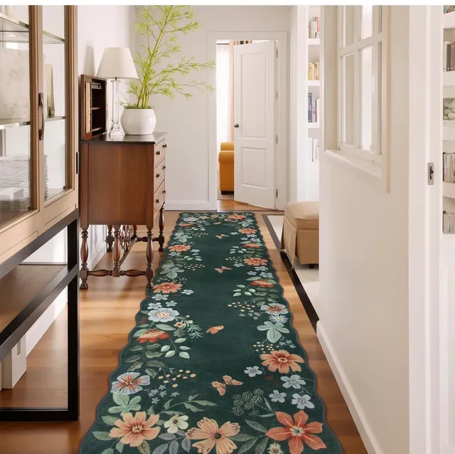 Moynesa, Floral Rug Runner, 2'x6', Non-Slip Washable Dark Green ...,