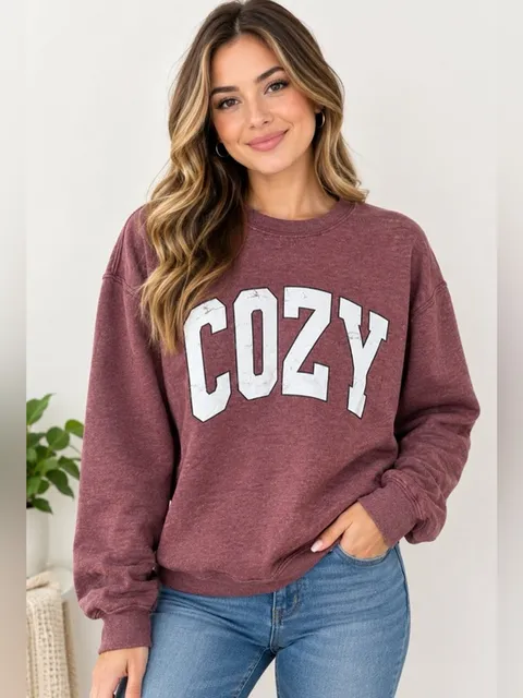 Gildan women Maroon Crewneck with White COZY Graphic M