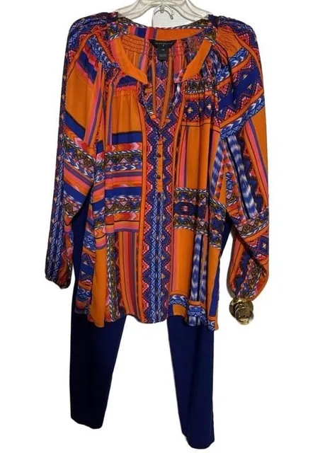 2-Piece Outfit Investments Geometric Blouse 2X & 16W JM Pants Size 2X