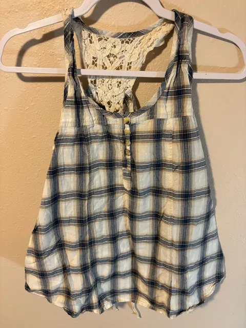American Eagle Plaid Tank Top Blue White Button Front Crochet Lace Back