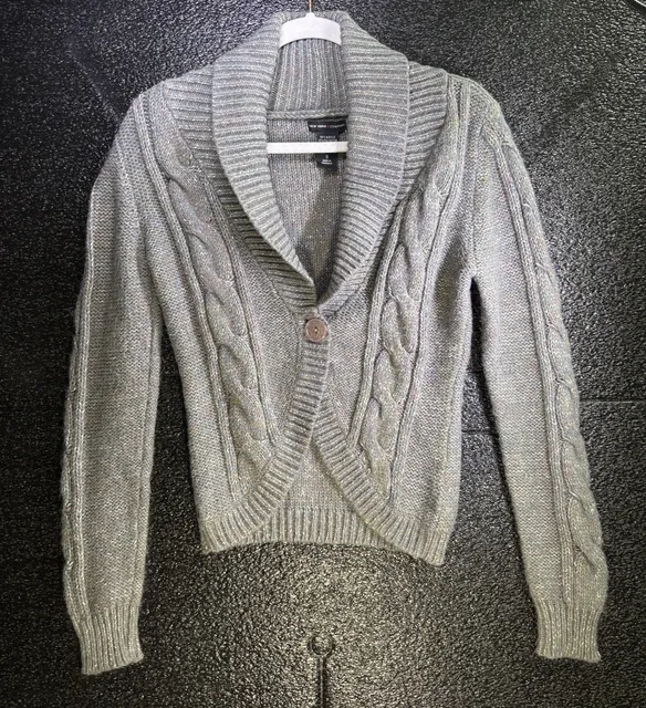 New York & Company Cardigan Sweater Size S Grey Cable Knit Shawl Collar