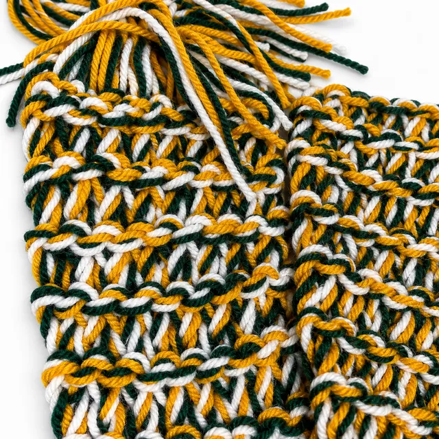 Handmade Crocheted Scarf Green Yellow White Fringe Winter / Packers Greenbay