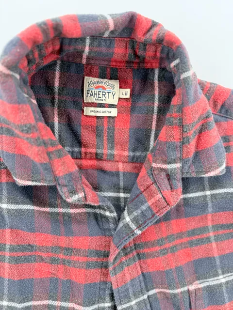 Faherty Brand Plaid Flannel Shirt Size L Red Navy Organic Cotton