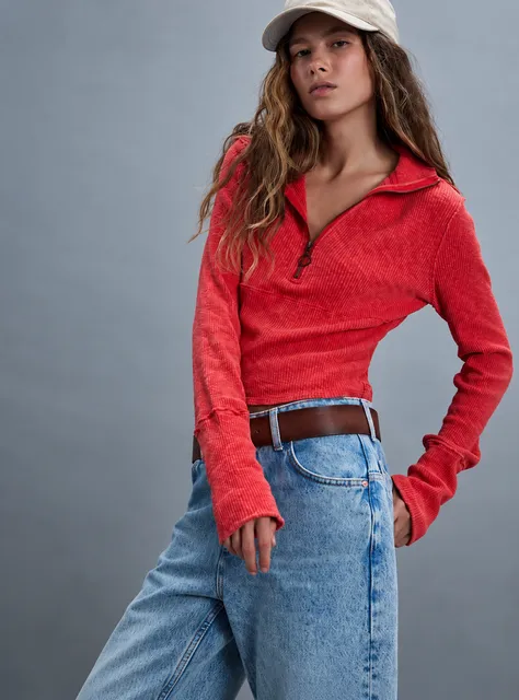 We The Free People Midnight Half Zip High Risk Red Ribbed Cropped Top Small