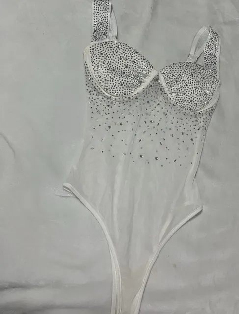 White Rhinestone Embellished Mesh Corset Bodysuit