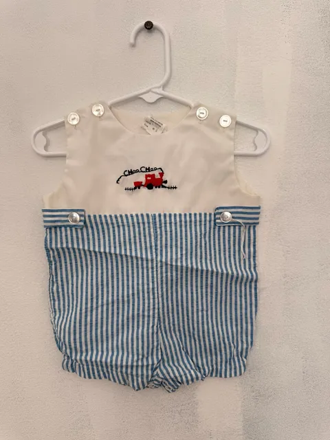Bryan Choo Choo Train Seersucker Bubble Romper Size S- 3/6months