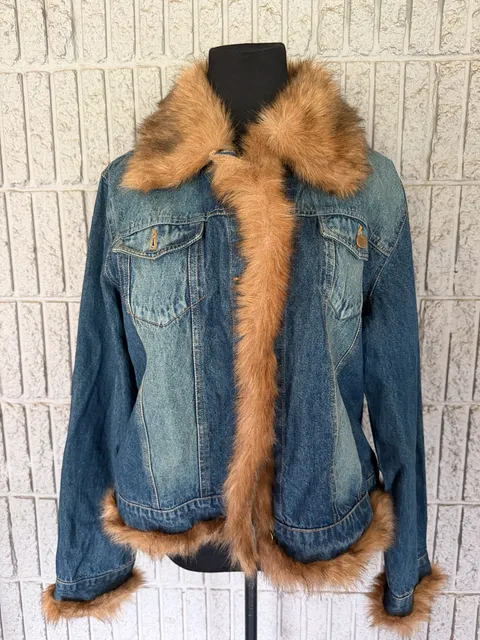 925 Moka Sport Faux Fur Trim Denim Jacket XL Blue