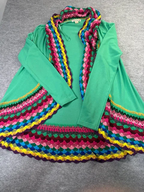 Double Zero Cardigan Size M Green Rainbow Crochet Trim Open Front