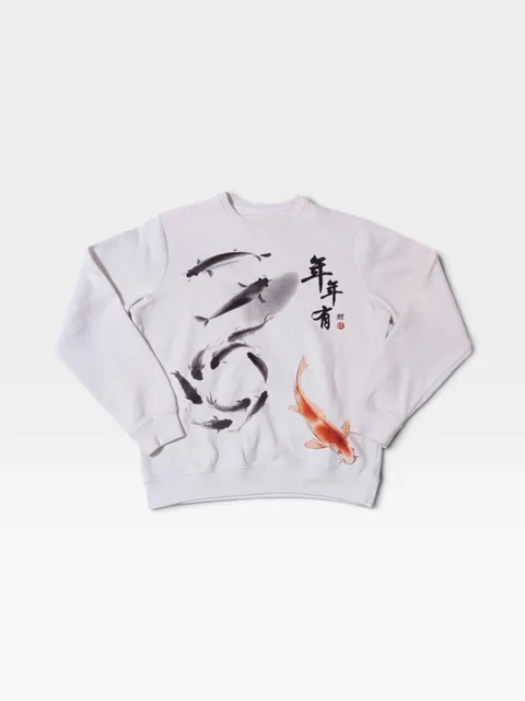 Blind Rooster Japanese Koi Fish Graphic Sweatshirt Size M Off-White