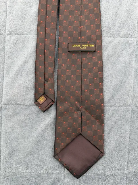 Louis Vuitton Damier Silk Neck Tie Brown Red Check Polka Dot