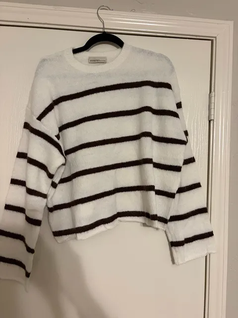 Zenana Striped Crewneck Sweater White Brown