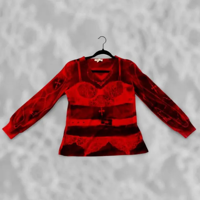 Chances R Long Sleeve Top Size S Red Black Graphic