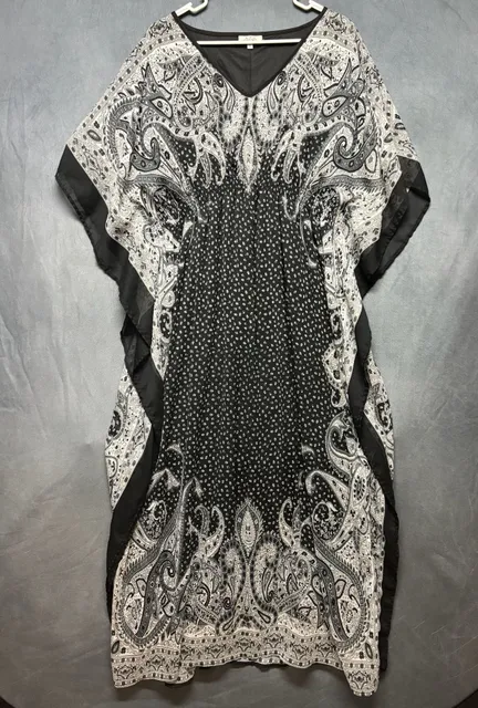 MPH Collection Black White Paisley Chiffon Kaftan Dress Tunic Smocked Waist