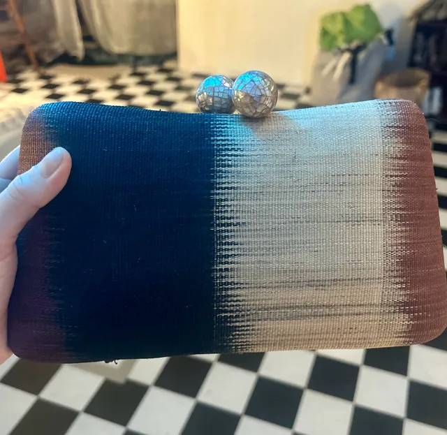 Serpui Marie Woven Straw Clutch Mother of Pearl Clasp Ombre