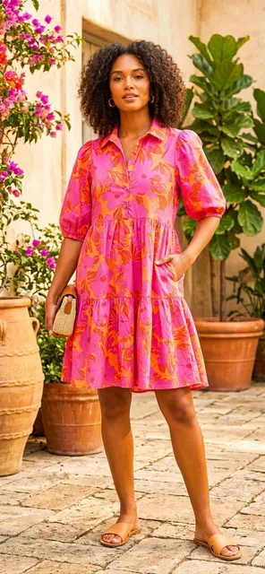 Karlie Floral Tiered Shirt Dress Pink Orange Sz M