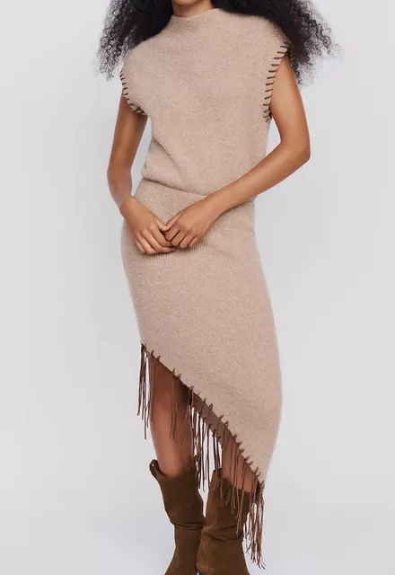 Saylor Senna Sweater Dress Size S Taupe Fringe Mock Neck Size Small 